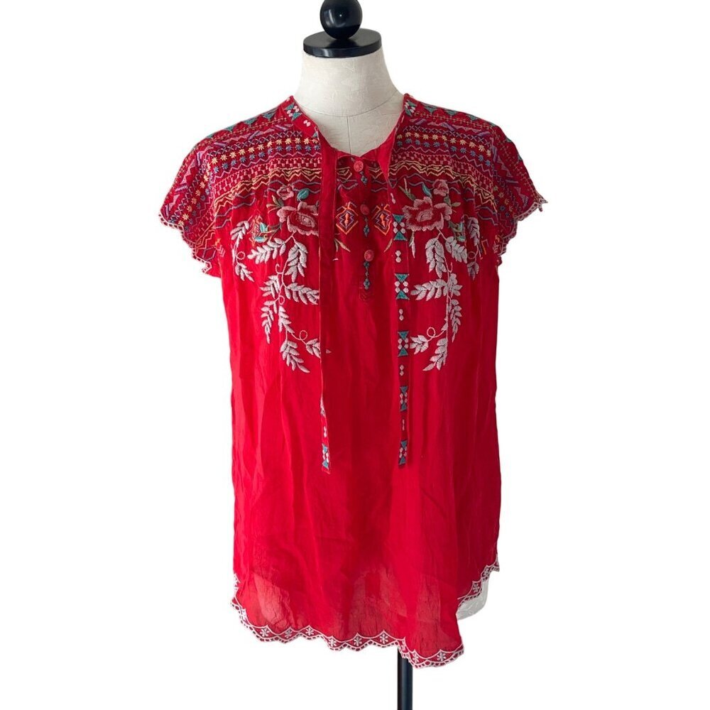 Johnny Was Womens Blouse Size Small Red Lissa Peasant Casual Pure Rayon